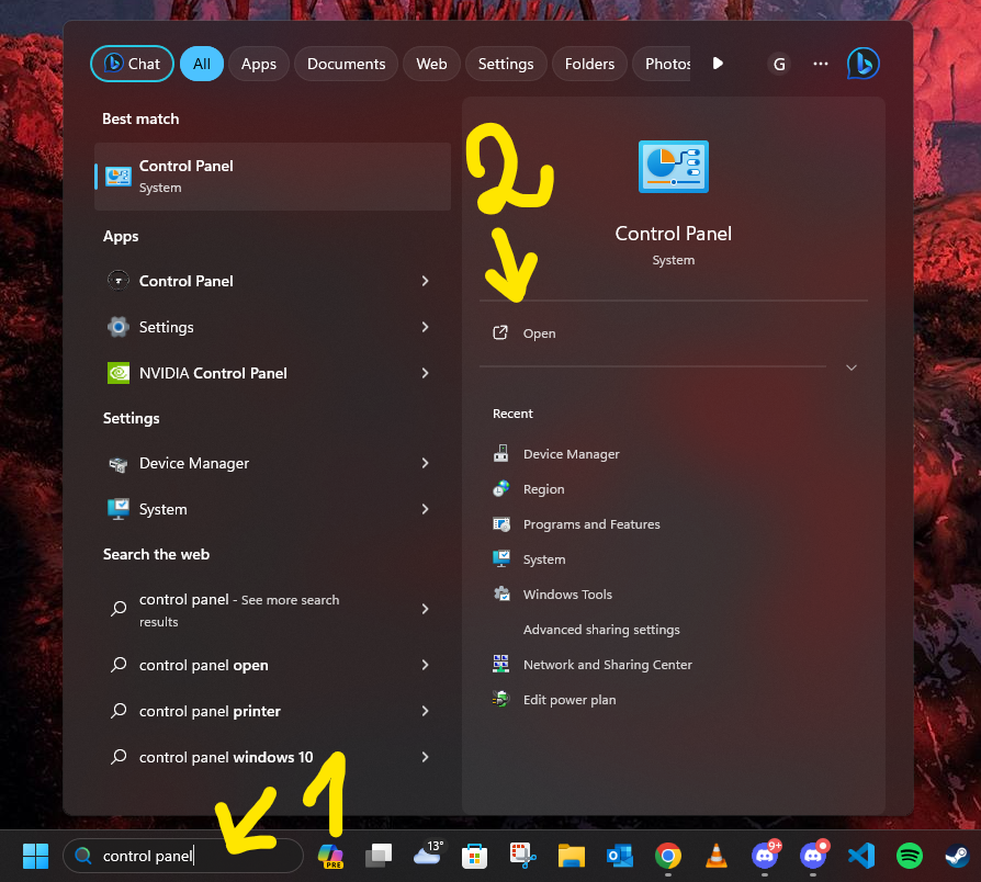 Windows search highlighting the Control Panel app